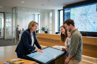 Femme aidant une famille dans un office de tourisme moderne
