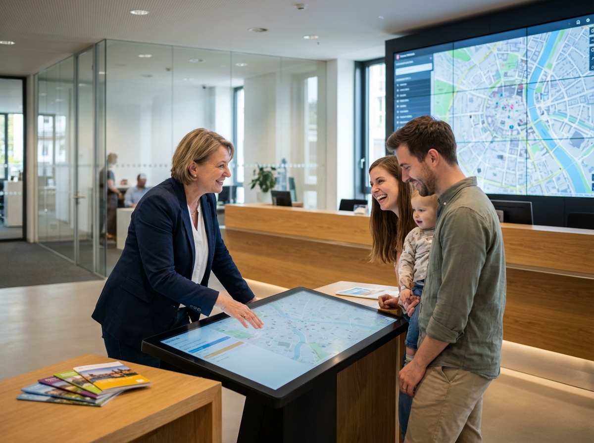 Femme aidant une famille dans un office de tourisme moderne