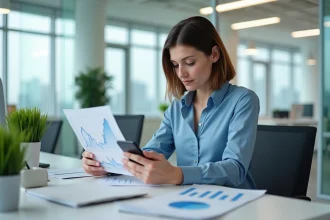 Femme d'affaires analysant des graphiques financiers au bureau