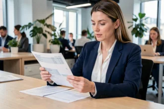 Femme professionnelle analysant des fiches de paie et documents salariaux dans un bureau moderne pour comprendre le taux horaire brut et net