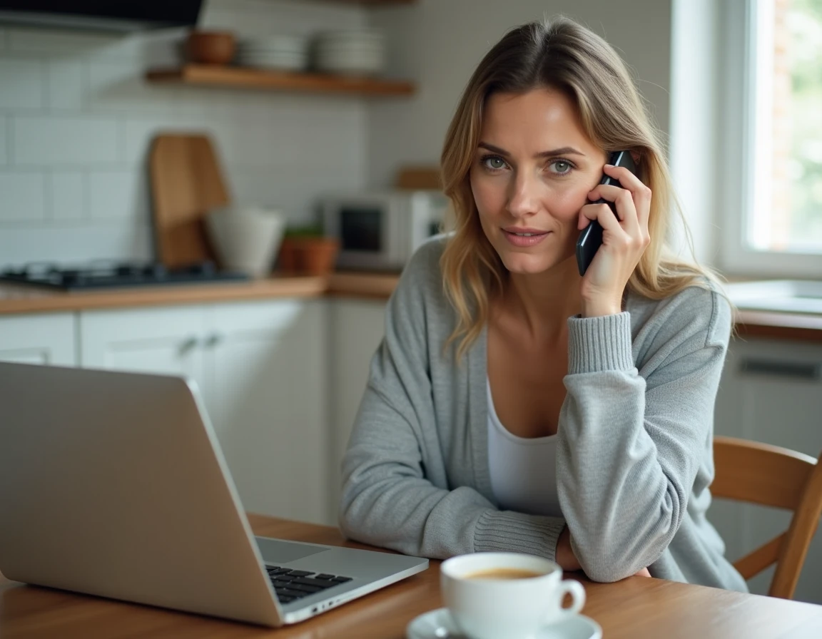 Femme en tenue décontractée passant un appel téléphonique depuis sa cuisine le matin pour prévenir de son absence au travail