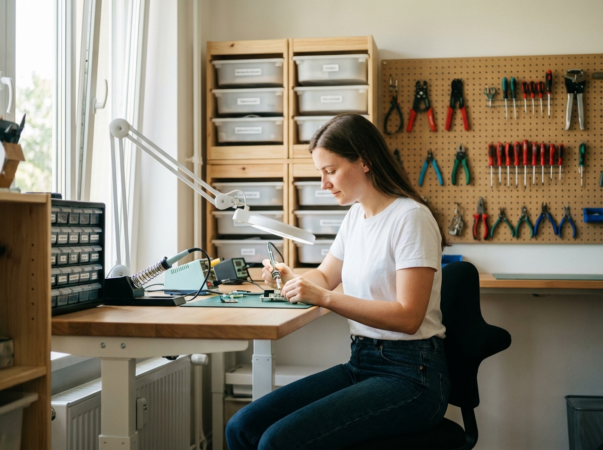 Jeune femme assemblant des petits composants électroniques
