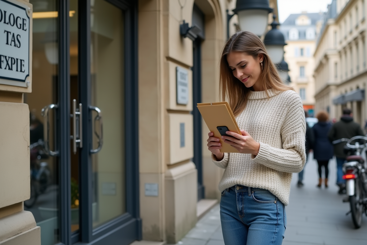Jeune femme dans la rue attendant devant un bureau fiscal