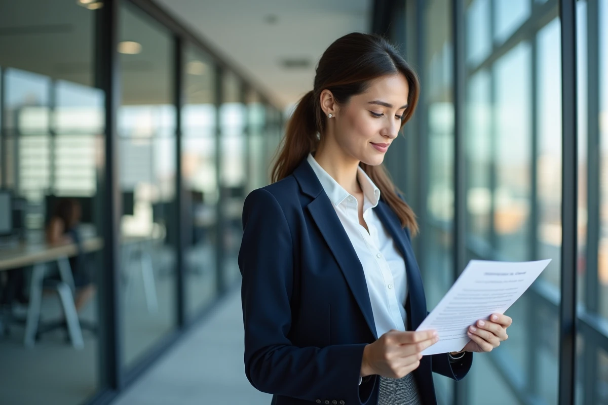 Femme professionnelle tenant un contrat de travail près d'une fenêtre de bureau pour illustrer les droits au congé parental cumulé