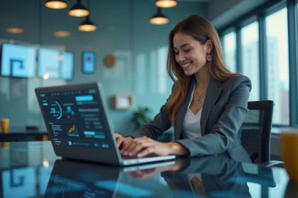 Femme en blazer et jeans utilisant un tableau de bord futuriste