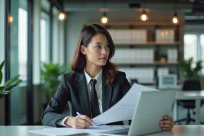 Femme en tenue professionnelle dans un bureau moderne
