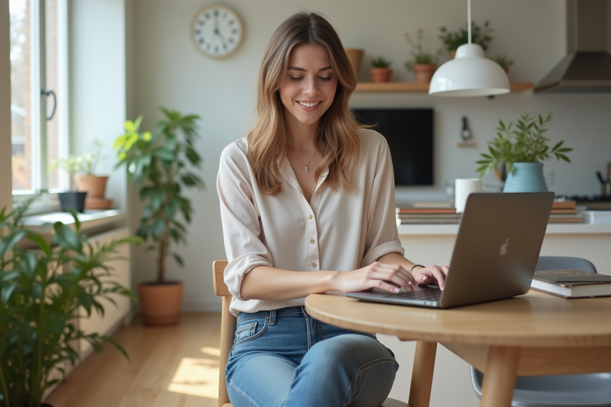 Femme assise à une table moderne avec un ordinateur portable