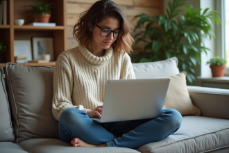 Femme assise sur un canapé de salon avec ordinateur et plantes