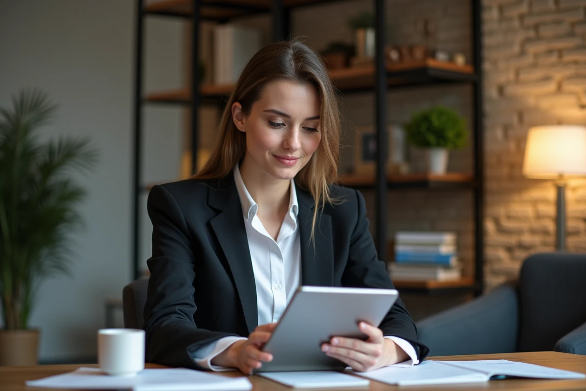 Femme en bureau professionnel lisant des notes sur une tablette