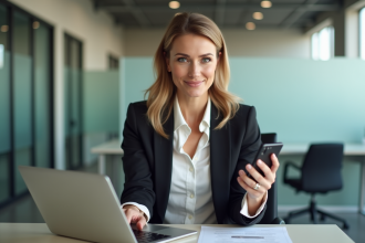 Femme en tenue professionnelle dans un bureau moderne