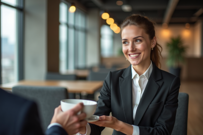 Femme d'affaires souriante offrant une tasse à un client dans un lounge moderne