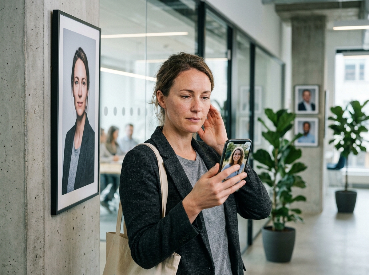 Femme en blazer comparant une photo d'entreprise figée à une image plus authentique sur smartphone dans un couloir de bureaux modernes