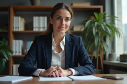 Femme en réflexion tenant une carte de condoleance au bureau