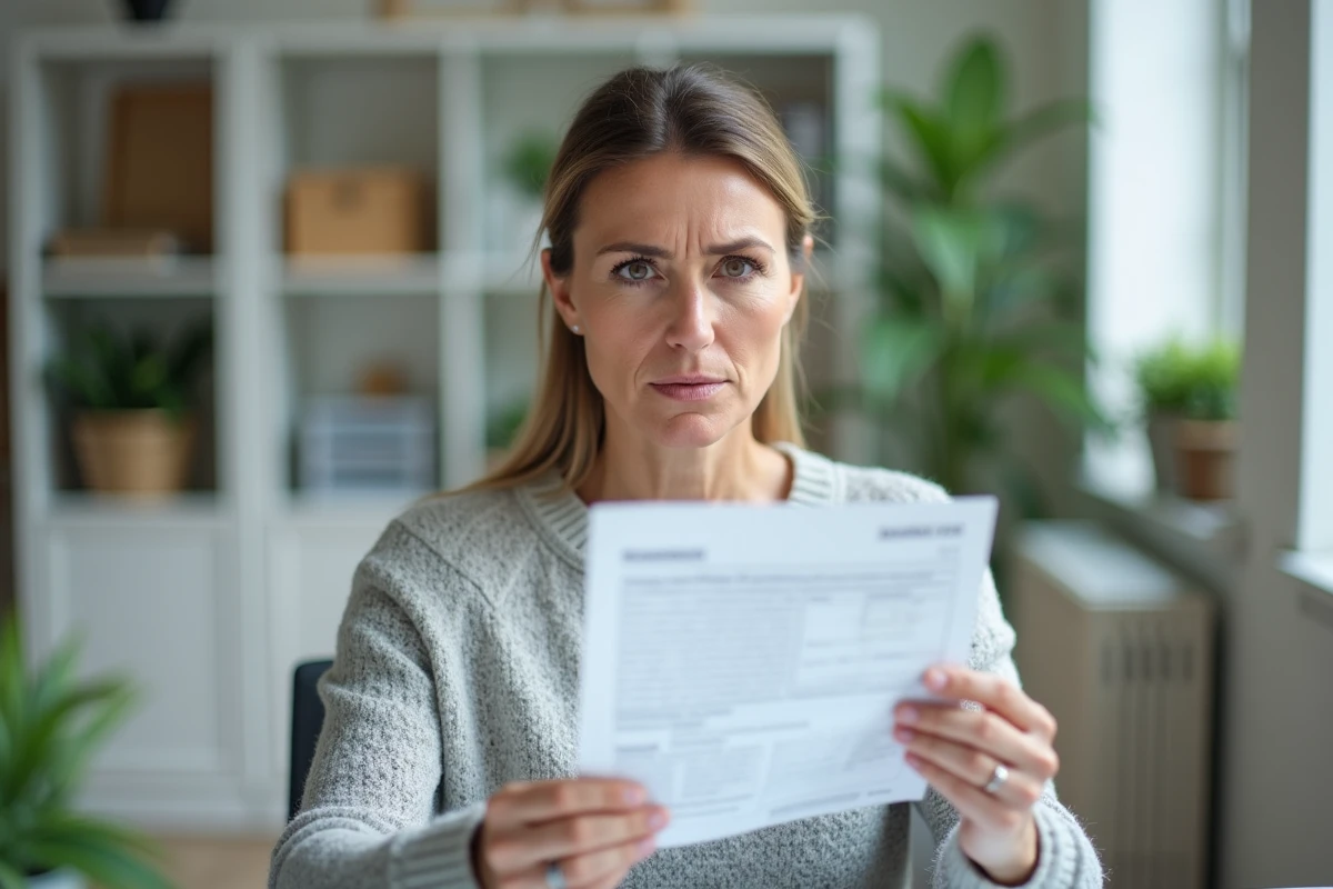 Femme consultant un relevé bancaire avec une expression interrogative devant une mention inconnue sur son compte
