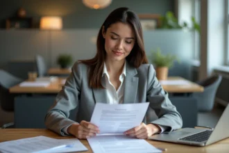 Femme d'affaires examine un contrat dans un bureau moderne