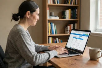Femme utilisant un site de conversion de mesures en ligne sur son ordinateur portable dans un bureau à domicile en 2026