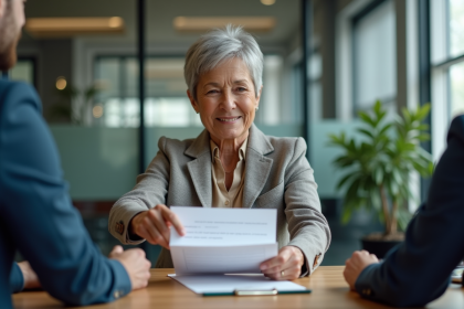 Femme d'affaires âgée remettant une lettre à son employeur
