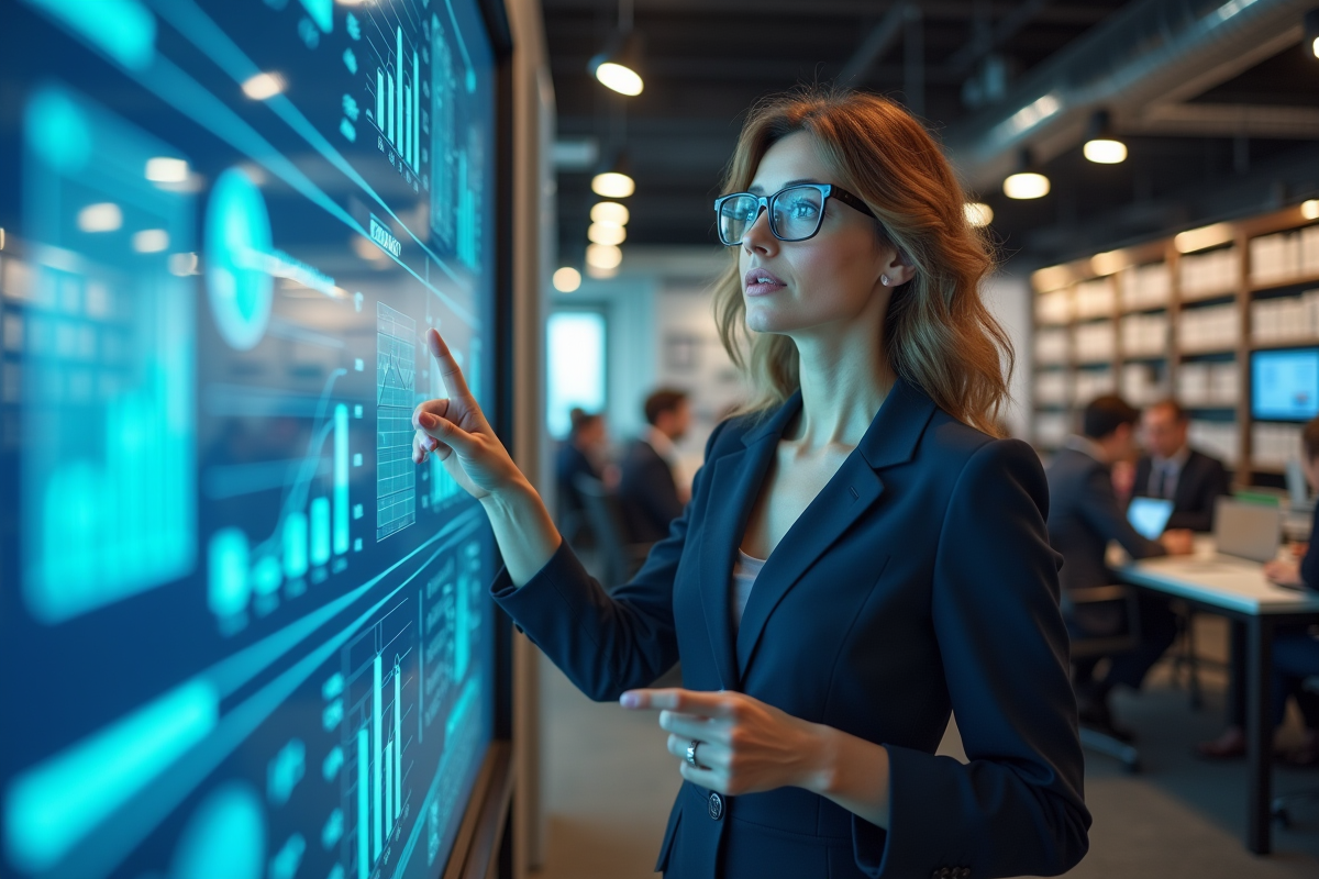Femme daffaires regardant un tableau de bord digital