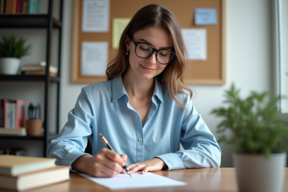 Jeune femme écrivant une lettre dans un bureau organisé