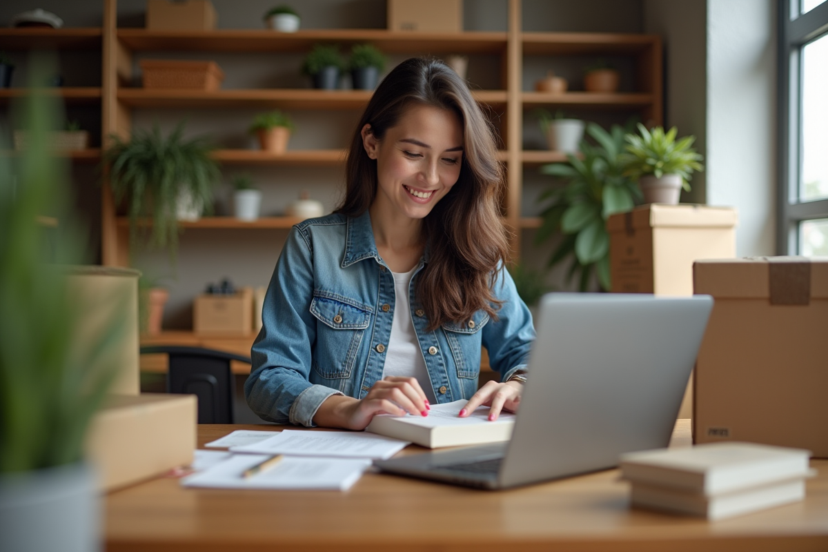 Femme emballant un livre d'occasion dans un intérieur cosy
