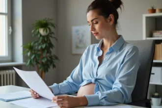 Femme enceinte lisant une lettre dans un bureau à domicile