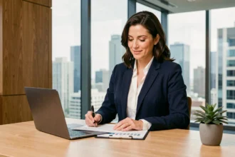 Femme entrepreneur confiante analysant des documents financiers dans un bureau moderne avec vue sur la ville