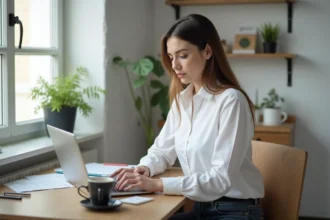 Femme entrepreneur qui consulte un site de création d'entreprise sur son ordinateur portable dans un bureau à domicile