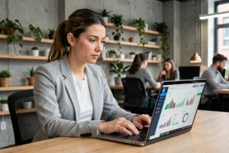 Femme entrepreneur explorant les outils cachés d'une plateforme startup sur son ordinateur portable dans un espace de coworking moderne