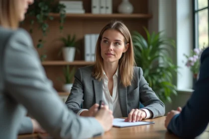 Femme en entretien de carrière dans un bureau moderne