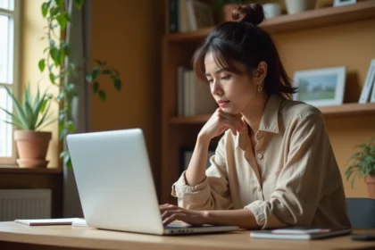 Femme entrepreneur frustrée devant son ordinateur avec une boutique en ligne sur l'écran, illustrant les erreurs courantes sur une plateforme de vente digitale