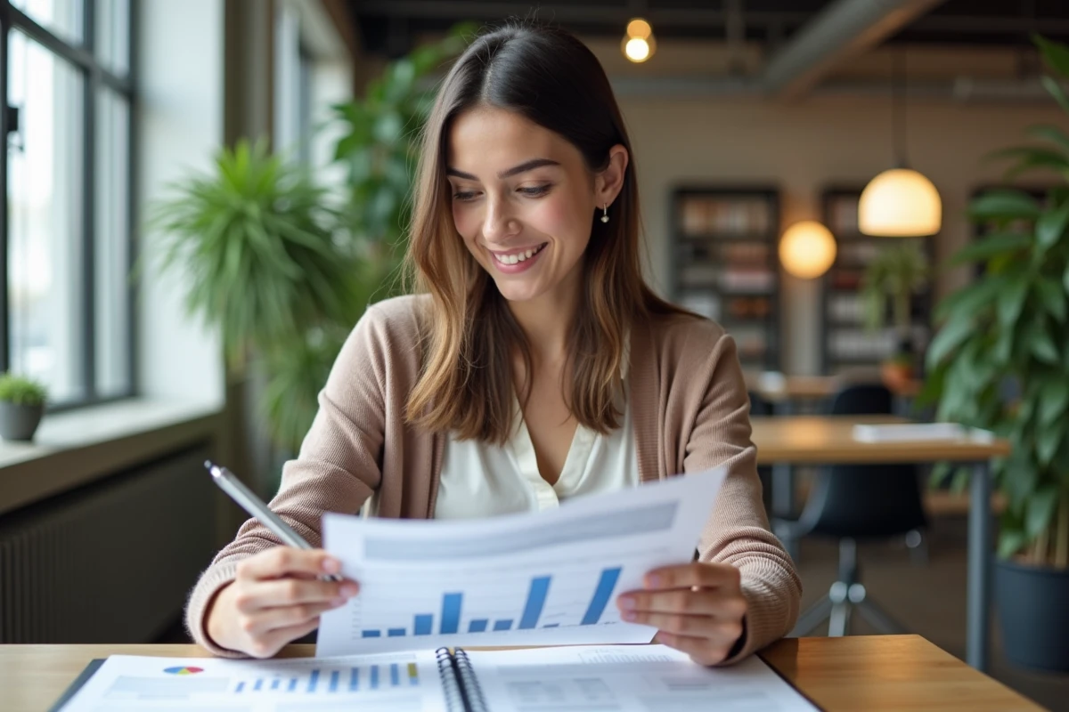 Femme étudie un breakeven dans un espace coworking