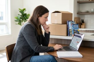 Femme en blazer et jeans étudie des offres d'emploi à la maison