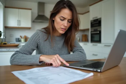 Femme inquiète examinant un relevé bancaire avec une transaction inconnue d'Infinite Remit Services Co