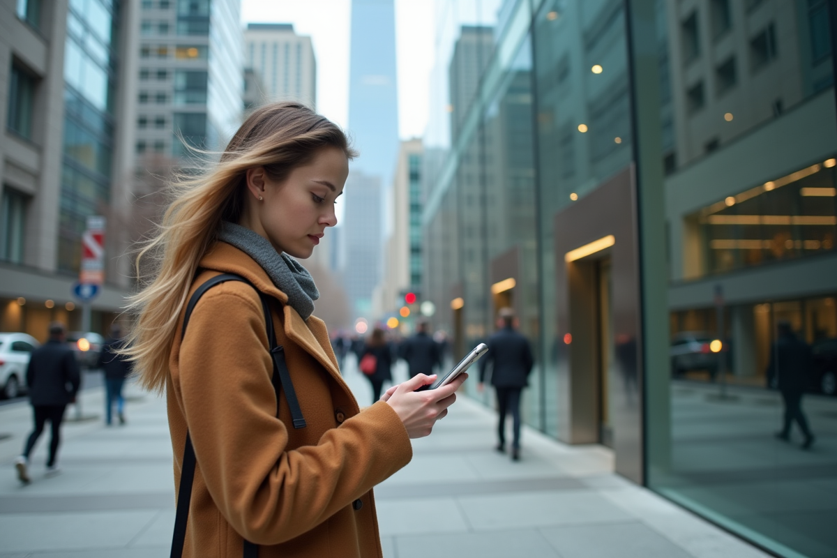 Jeune femme regardant son smartphone en ville
