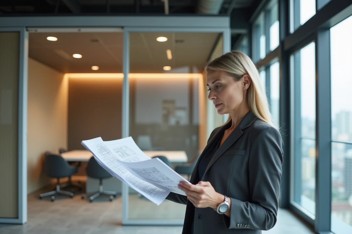 Femme gestionnaire examine plans dans espace de réunion moderne