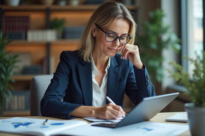Femme d'âge moyen en blazer sketchant sur une tablette