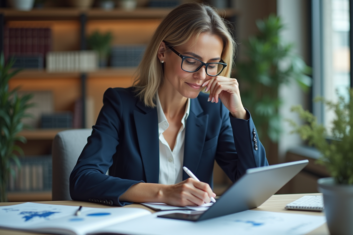 Femme d'âge moyen en blazer sketchant sur une tablette