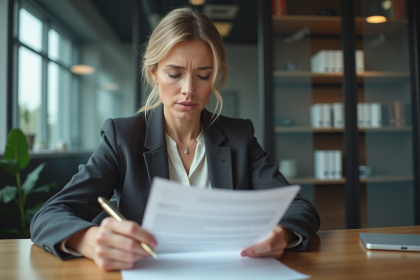 Femme concentrée lisant une lettre au bureau