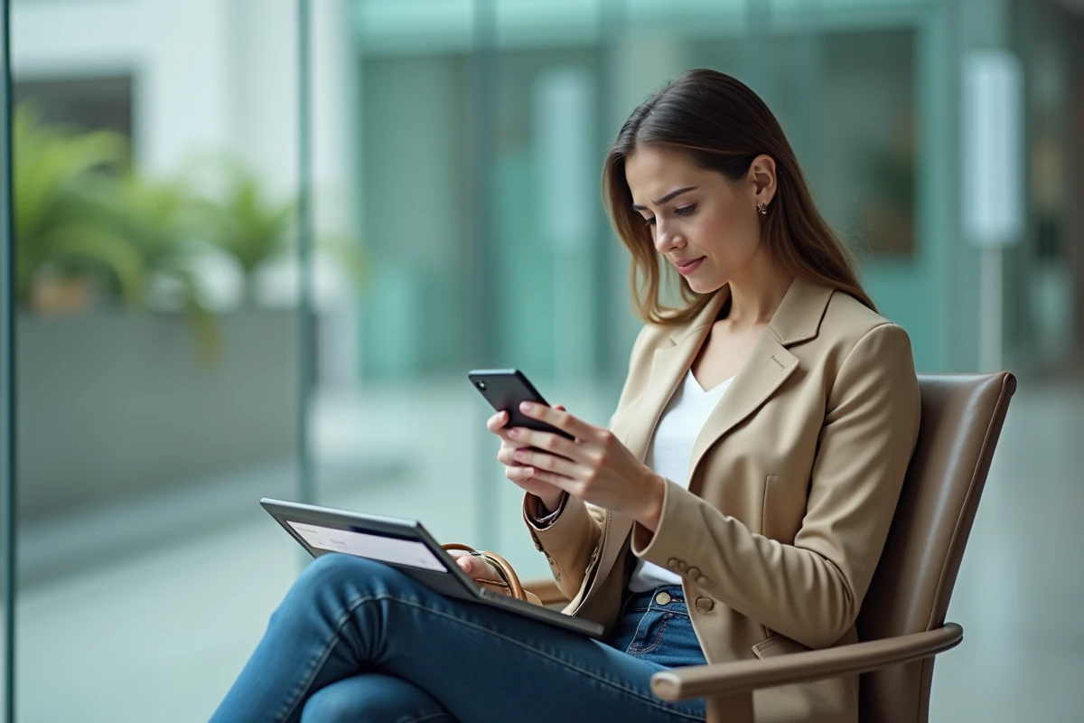 Femme en tenue casual dans un bureau vitré avec tablette