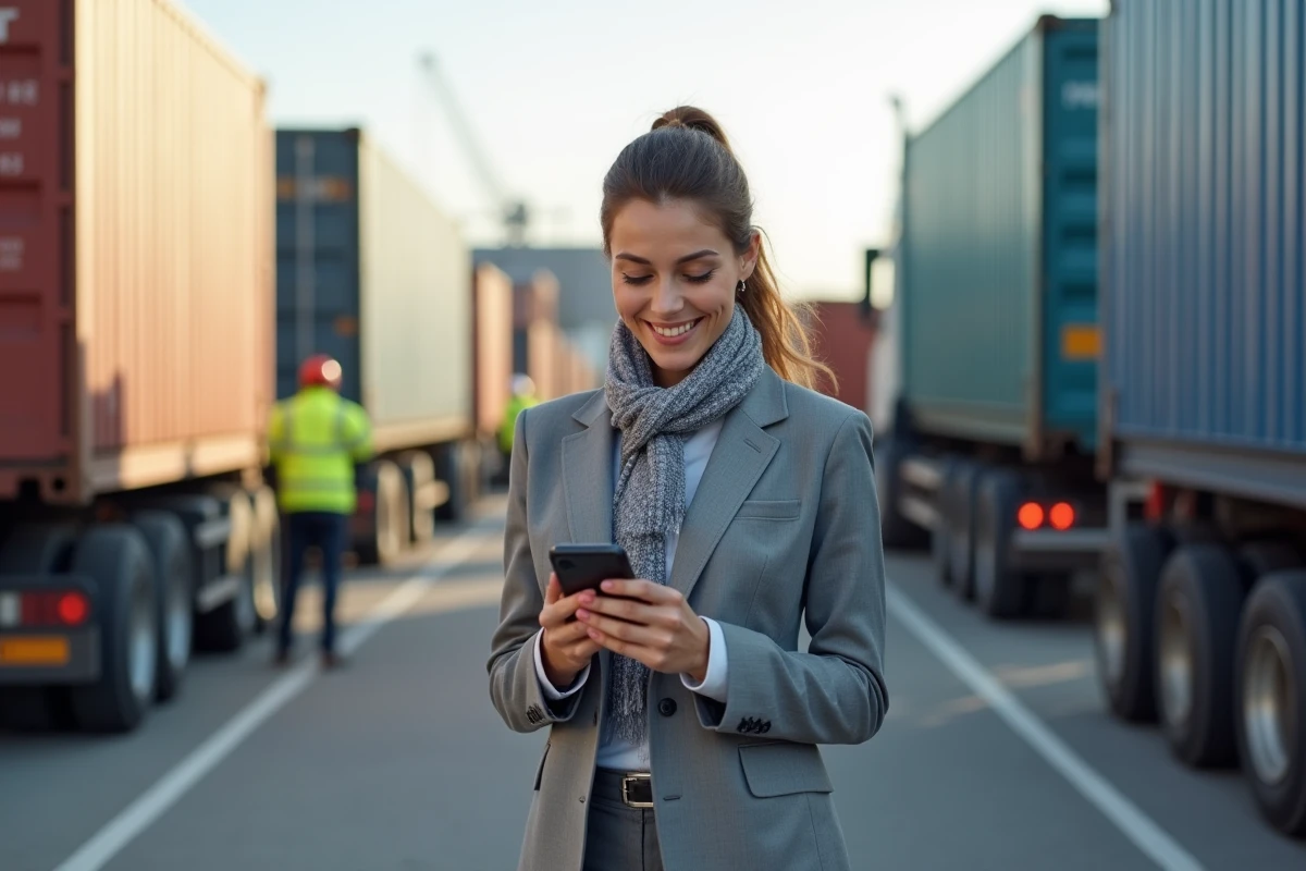 Jeune femme vérifiant son smartphone dans un terminal logistique