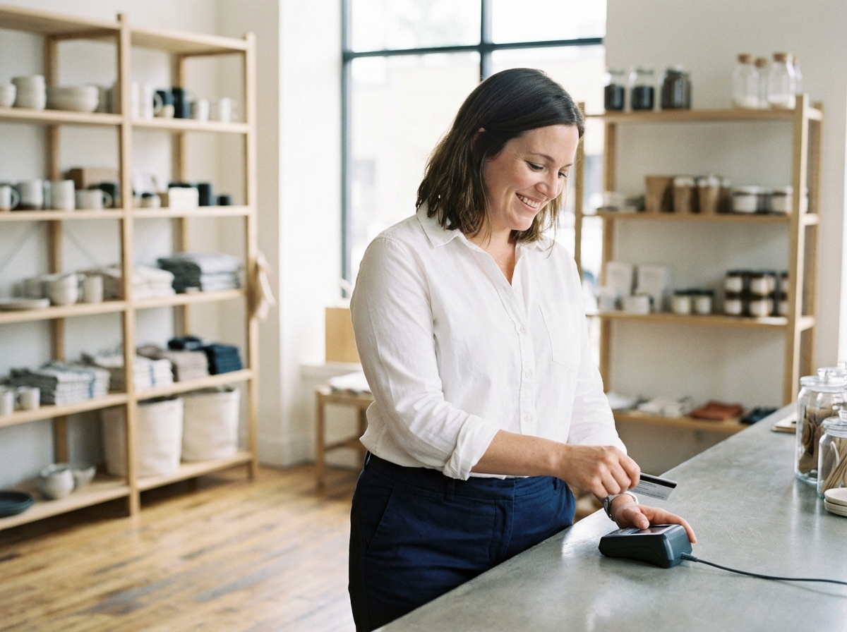 Jeune femme souriante scannant une carte de fidélité en boutique