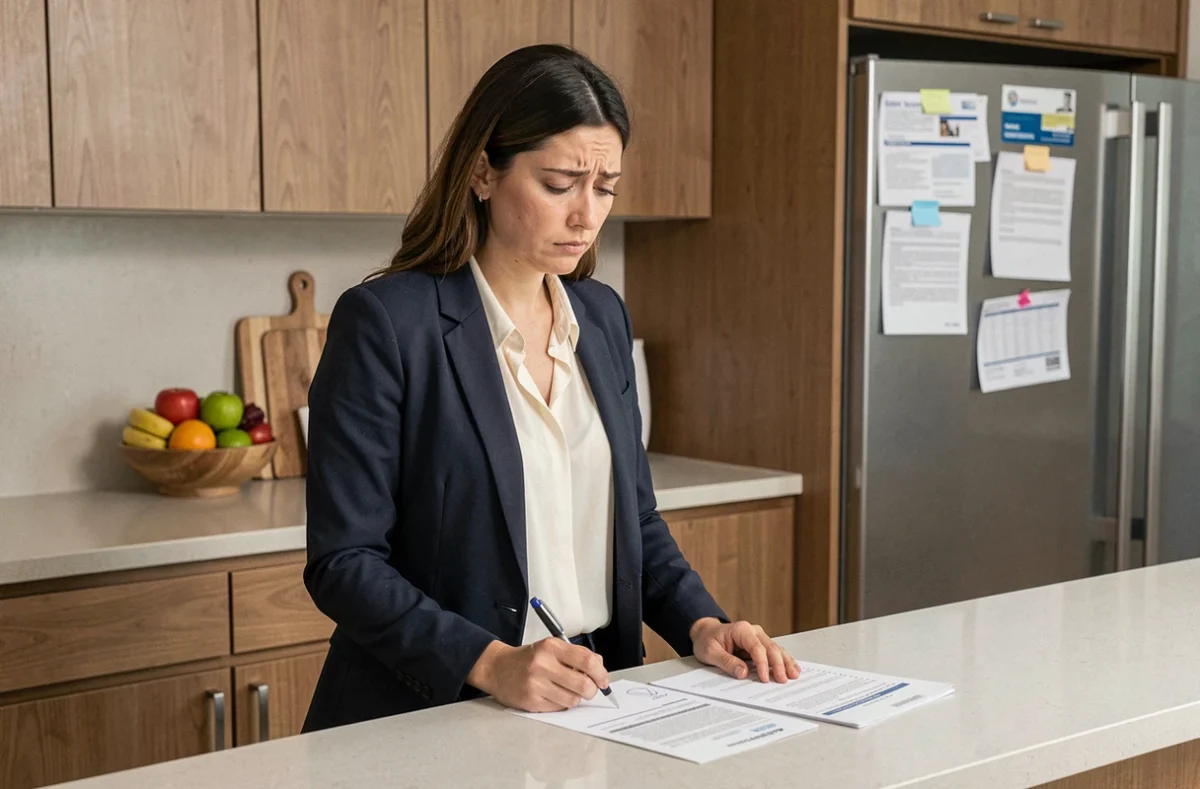 Femme à la maison évaluant un contrat de 39 heures et son impact sur le budget familial