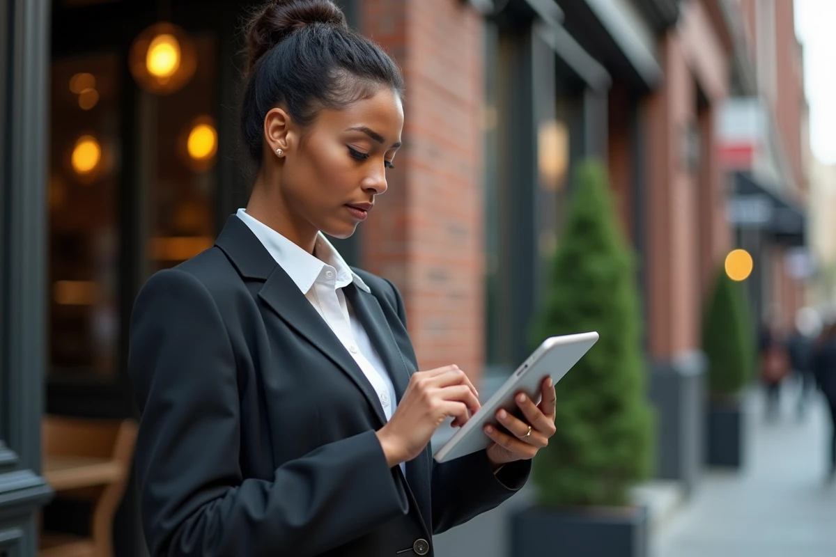 Jeune femme marketing analysant des données dans un café urbain