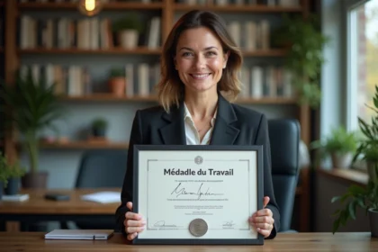 Femme française souriante avec médaille du travail