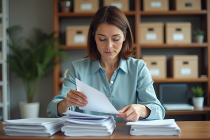 Femme d'âge moyen triant des documents dans un bureau moderne