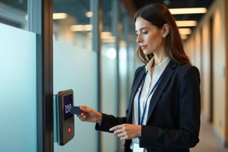 Femme en tenue professionnelle utilisant un badge et un horodateur