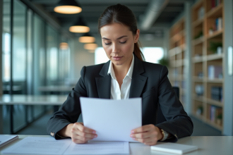 Femme en costume examinant un formulaire d'absence au bureau