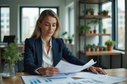 Femme professionnelle consultant des documents d'assurance entreprise à son bureau dans un open space moderne