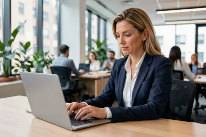 Femme professionnelle rédigeant un email de suivi convaincant sur un ordinateur portable dans un bureau moderne