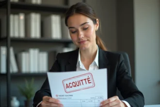 Femme professionnelle examinant une facture acquittée tamponnée dans un bureau moderne